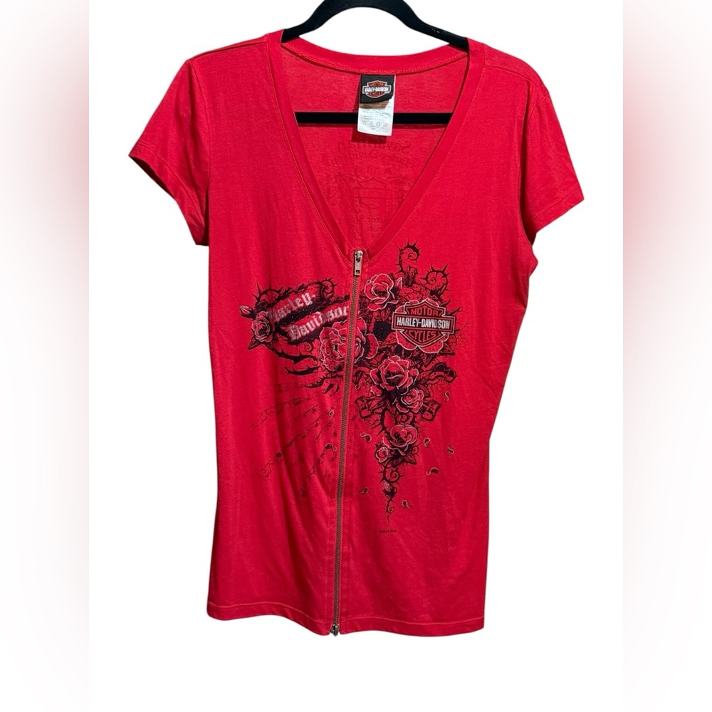 Harley-Davidson Women’s Red Zip Front Rhinestone Graphic Tee Savannah, GA Sz‎ L